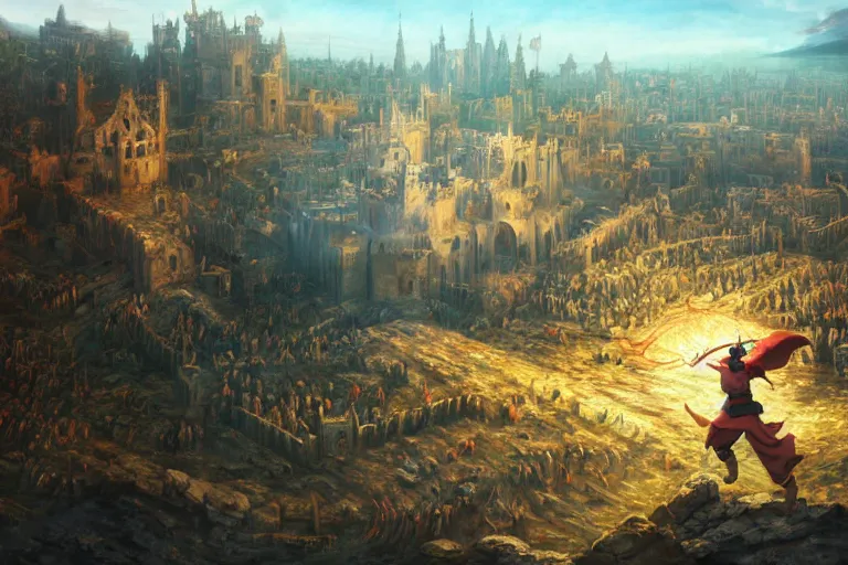 Image similar to a detailed matte landscape painting of king richard the lionhearted as a shonen anime protagonist attacking jerusalem, 8 k, volumetric lighting, in the style of disney, art by kentaro miura and akira toriyama