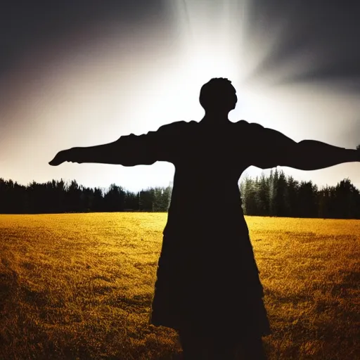 Image similar to a man made of origami dancing, dramatic lighting, with bokeh effect in a sunny meadow