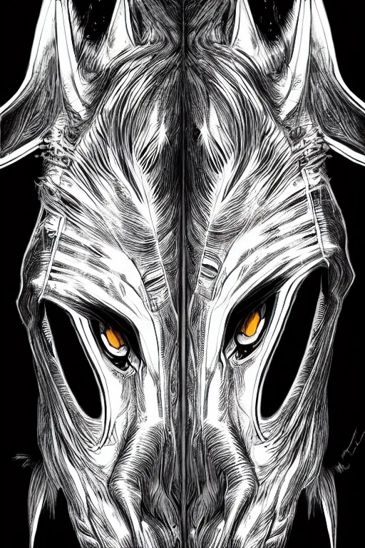 Image similar to fanged horse, symmetrical, highly detailed, digital art, sharp focus, trending on art station, kentaro miura manga art style