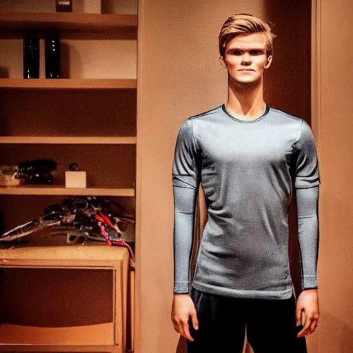 Image similar to a realistic detailed photo of a guy who is an attractive humanoid who is half robot and half humanoid, who is a male android, soccer player martin ødegaard, shiny skin, posing like a statue, blank stare, in a living room, on display, showing off his muscles, spiral eyes