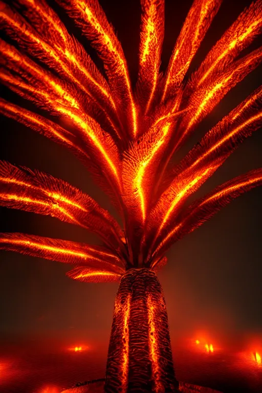 Image similar to hyper-detailed 4K photography Fiery Palm tree lights up black landscape with embers, volumetric lighting, octane render, 4K resolution, trending on artstation, masterpiece