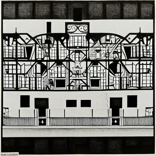 Image similar to impossible penrose house by M.C. Escher, painting with intricate details, black and white