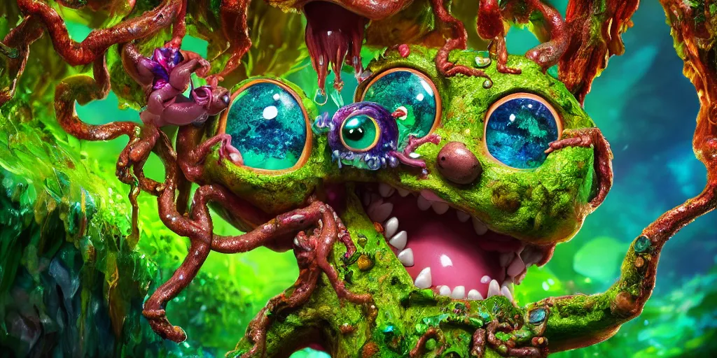 Prompt: of an intricate rainforest crystal rocky lake with strange cute goofy creatures with huge eyes, long tongue, square teeth and big nose appearing from the water, in the style of jeff koons, macro lens, shallow depth of field, highly detailed, digital painting, trending artstation, concept art, illustration, cinematic lighting, vibrant colors, photorealism, epic, octane render