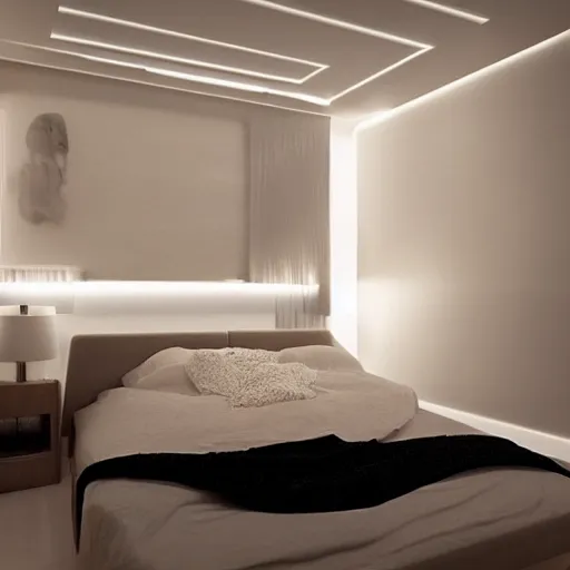 Prompt: minimalistic bedroom design, photorealistic!!!!!!! art style, luminous lighting, intricately defined, beautifully ordinated