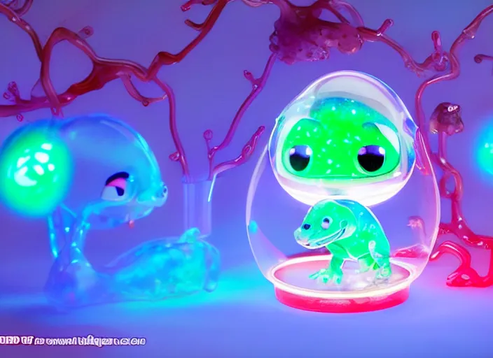 Prompt: photo of a translucent clear kawaii pixar style baby dinosaur with symmetrical head and eyes, made out of clear plastic, but has red hypercolor glowing electric energy inside its body, and electricity flowing around the body. in the forest. electric bubbles and electric red clear glass hearts, fantasy magic style. highly detailed. intricate design by pixar