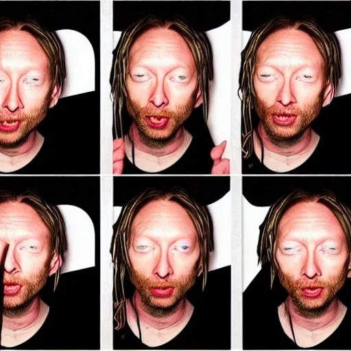 Image similar to photobooth of random thom yorke versions, hyper realistic, many very random variations of thom yorke, various emotions, various poses, high quality photographs, mixed styles, intricate details, diverse