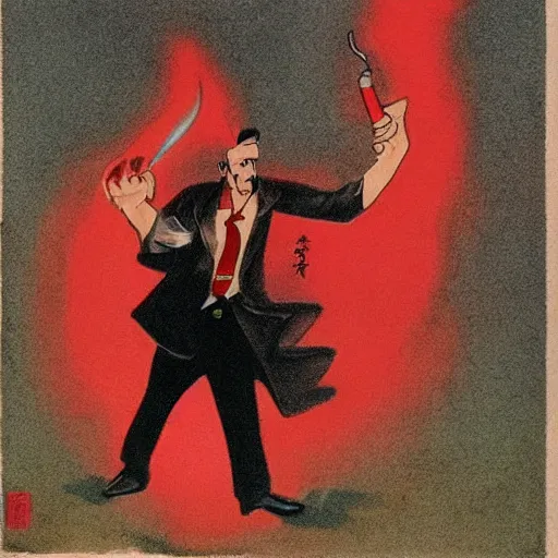 Image similar to A mafia man with a tobacco in his left hand, behind him is a Chinese dragon emanating a red aura of danger.