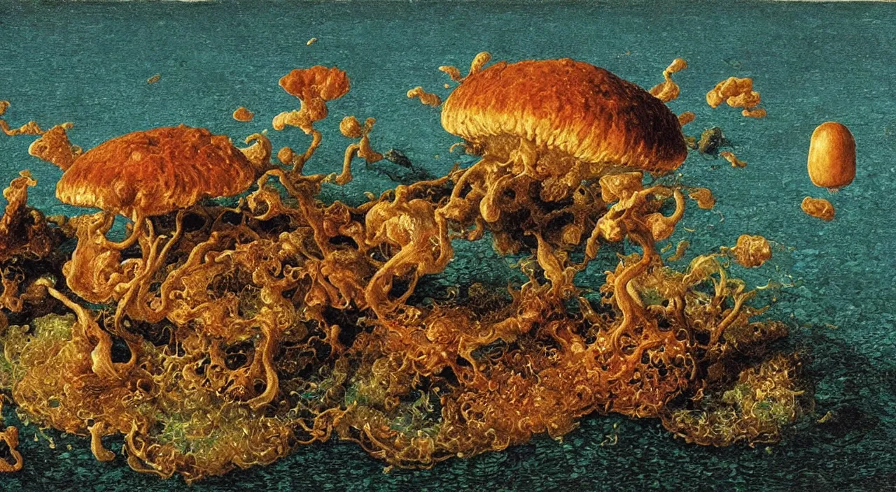 Prompt: a single fungus growing in water! in the middle of the empty ocean, a high contrast!! ultradetailed photorealistic painting by jan van eyck, audubon, rene magritte, agnes pelton, max ernst, walton ford, andreas achenbach, ernst haeckel, hard lighting, masterpiece