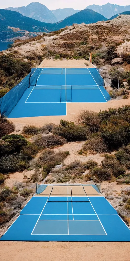 Image similar to Tennis court between mountains and sea. the style of National Geographic magazine