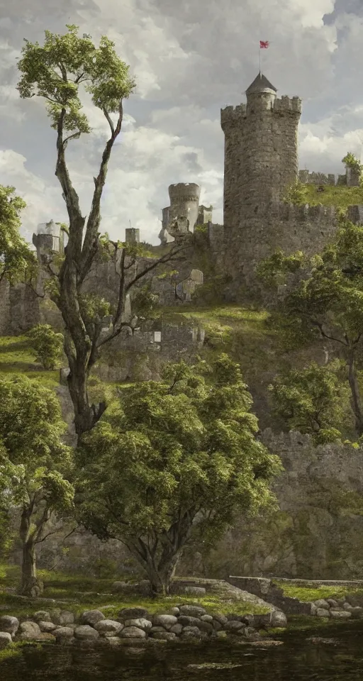 Prompt: wide - shot of high grey medieval castle on plateau!!!, crawling grape vines!!! on the stone wall, pond!!!, nut trees, linden trees, highly detailed, ominous, digital art, masterpiece, matte painting, sharp focus, matte painting, by isaac levitan and asher brown durand,