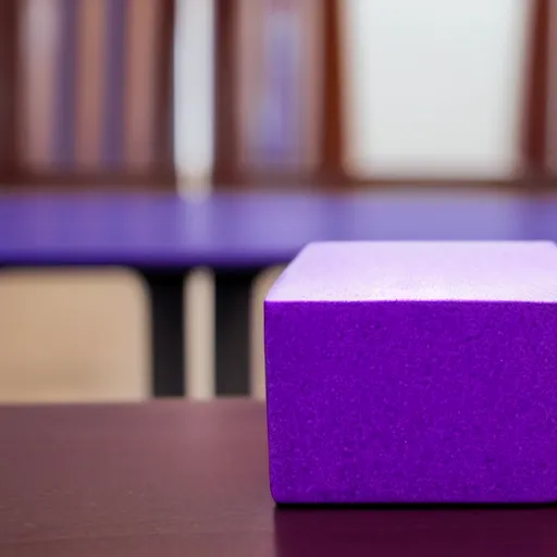 Prompt: a purple cube sitting on a courtroom table