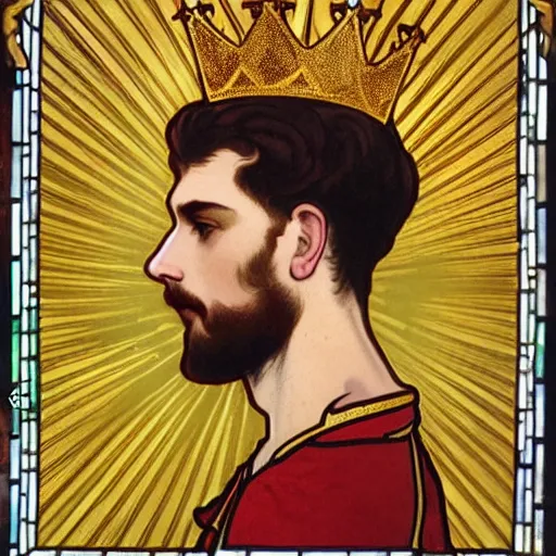 Prompt: very detailed portrait of a 3 0 year old crowned king, profile view, side view, stern and confident, simple golden crown with short spikes, short buzzcut, chin strap, red coat with white collar, stained glass art, by alphonse mucha, very masterful