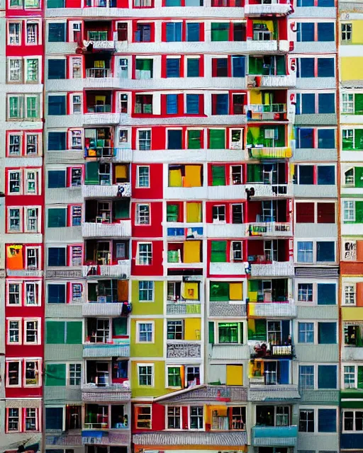 Image similar to colorful row houses, crowded, mountain goats climbing all over, on a highrise vertical buildings, bergen norway, rule of thirds, by Felipe Pantone, Wes Anderson and Damien Hirst