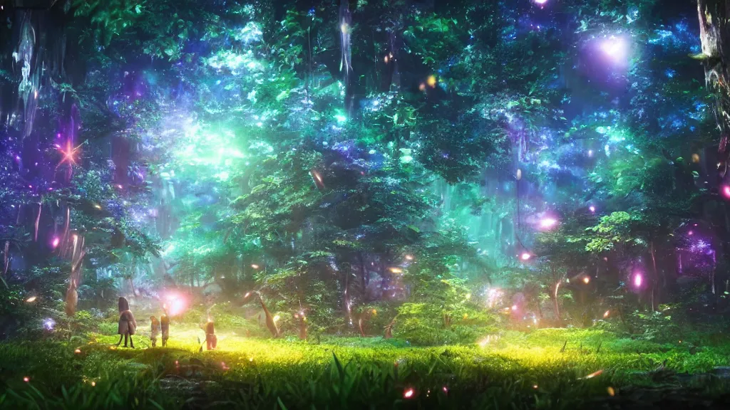 Prompt: beautiful lush magic glimmering mana forest, night sky with dazzling stars, fairies, fireflies, bokeh, octane render, unreal engine, raytracing, crystallized, intricate, hyper detailed, light rays, high quality cinematic anime style art