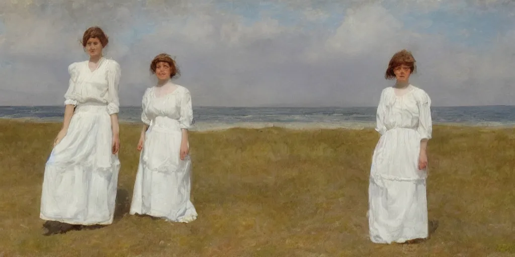 Image similar to Two young Edwardian women wearing white dresses standing on a sandy beach in Sweden, in the style of Anders Zorn