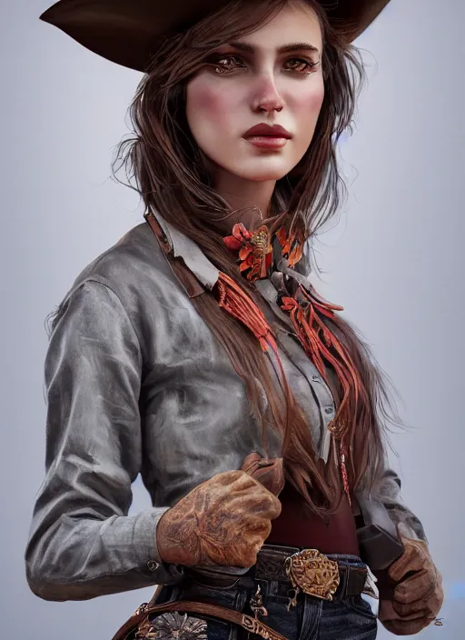 Image similar to detailed full body concept oil painting of a cowgirl, beautiful face, elegant pose, fantasy, illustration, insanely detailed and intricate clothing, octane render, 4k