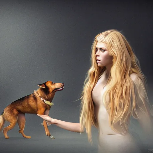 Image similar to epic action shot of beautiful scandinavian woman with symmetrical face stunning eyes and long blonde hair playing with german shephard dog, weta disney pixar, hi - fructose, decadent highly - detailed digital painting, golden ratio, octane render, artstation, cinematic composition, smooth, sharp focus, artgerm, mucha, loish, wlop hdr