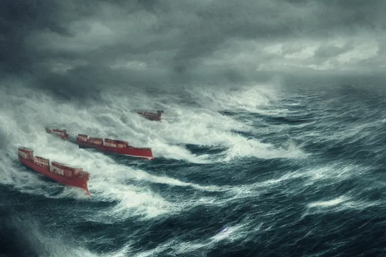 Image similar to merchant ship fleet in a storm, in the style of vernon grant and chris van allsburg, raging stormy sea, trending on artstation, bright tilt - shift camcorder effect, photoshop, retrowave, hyperrealism, octane, sharp focus, masterpiece