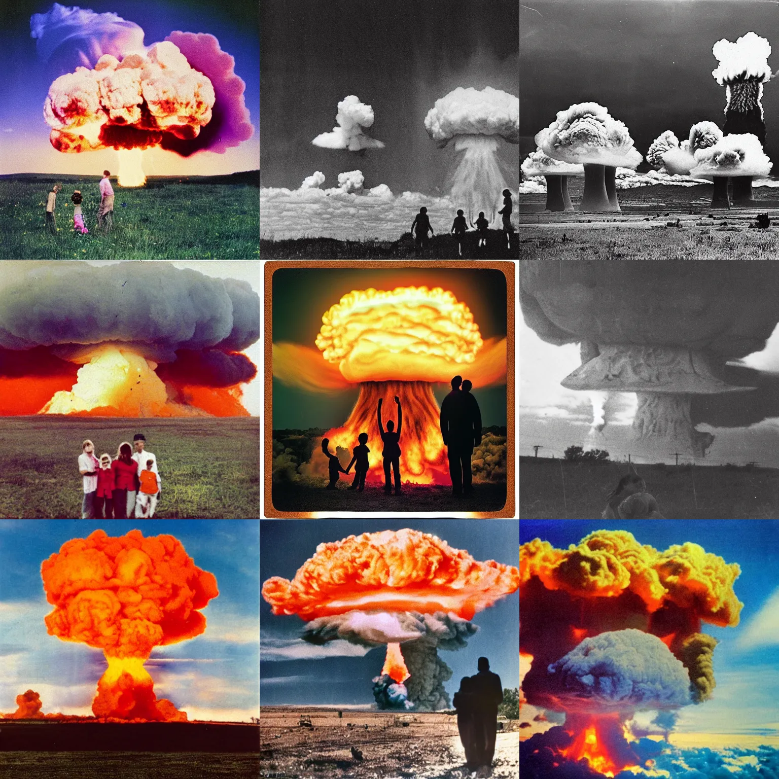 Prompt: color 2 0 2 0 ’ s photograph of a nuclear explosion and a family. mushroom cloud.