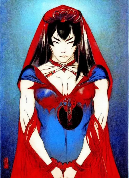 Image similar to portrait of muscular korean vampiress, jeweled veil, blue and red, strong line, saturated color, beautiful! coherent! by frank frazetta, high contrast, minimalism