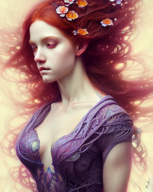 Prompt: Hyperrealistic beautiful and playful ethereal ginger portrait, art nouveau, fantasy, intricate flower designs, elegant, highly detailed, sharp focus, art by Artgerm and Greg Rutkowski and WLOP