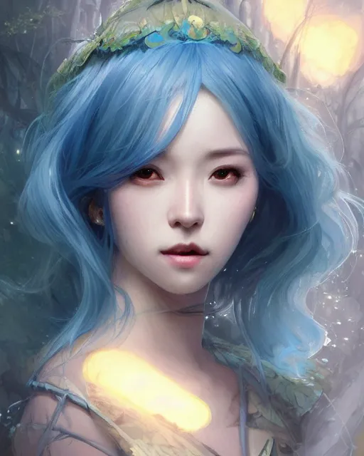 Image similar to stunningly beautiful female blue hair, cute japanese actressr, fantasy art, fae priestess, lush dark forest landscape, fireflys at night, sharp focus, digital painting, 8 k, concept art, art by wlop, artgerm, greg rutkowski and alphonse mucha