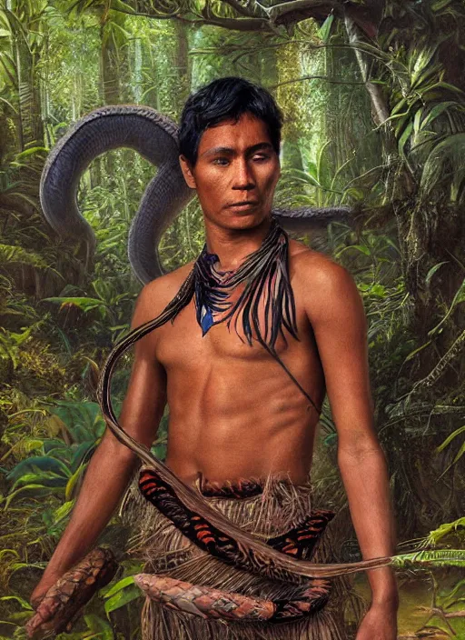 Image similar to a young indigenous amazon man facing a threatening snake, matte painting, ayahuasca, fantasy art