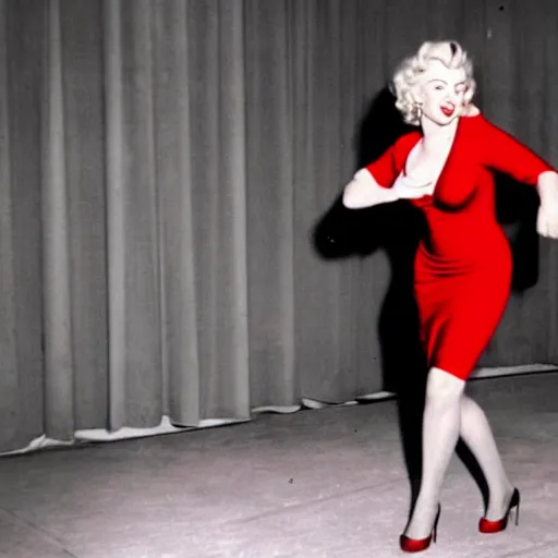 Image similar to photo of marilyn monroe dancing in a red dress, realistic