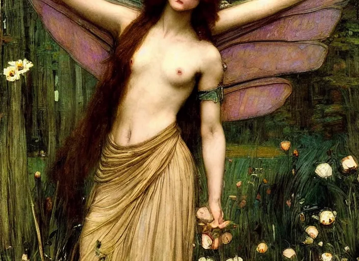 Image similar to a masterpiece painting of a beautiful, lean faerie queen by john william waterhouse, symmetrical, muted colors