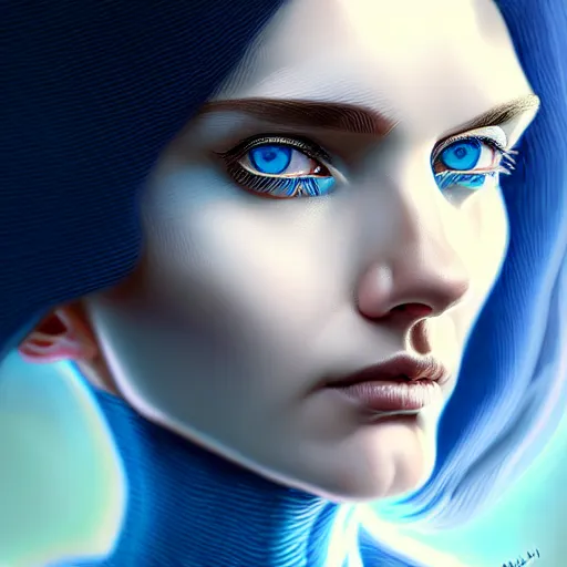 Image similar to woman with extremely large and intricate haircut with friendly blue eyes and slim features looking askance, eye cyberpunk bionics, retro futurist style, intricate, elegant gleaming jewelry, angelic halo, highly detailed, digital painting, artstation, concept art, smooth, sharp focus, illustration, art by wlop, mars ravelo and greg rutkowski,