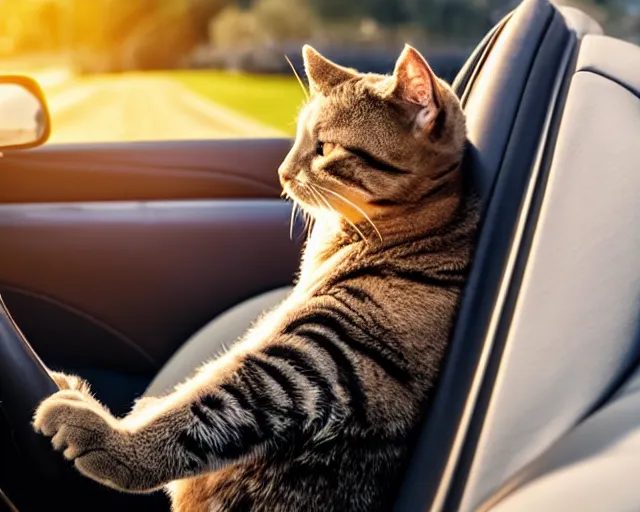 Prompt: top view of convertible, cat sitting relaxed in the driver seat with front paws on steering wheel, eyes closed, enjoying the sun, golden hour