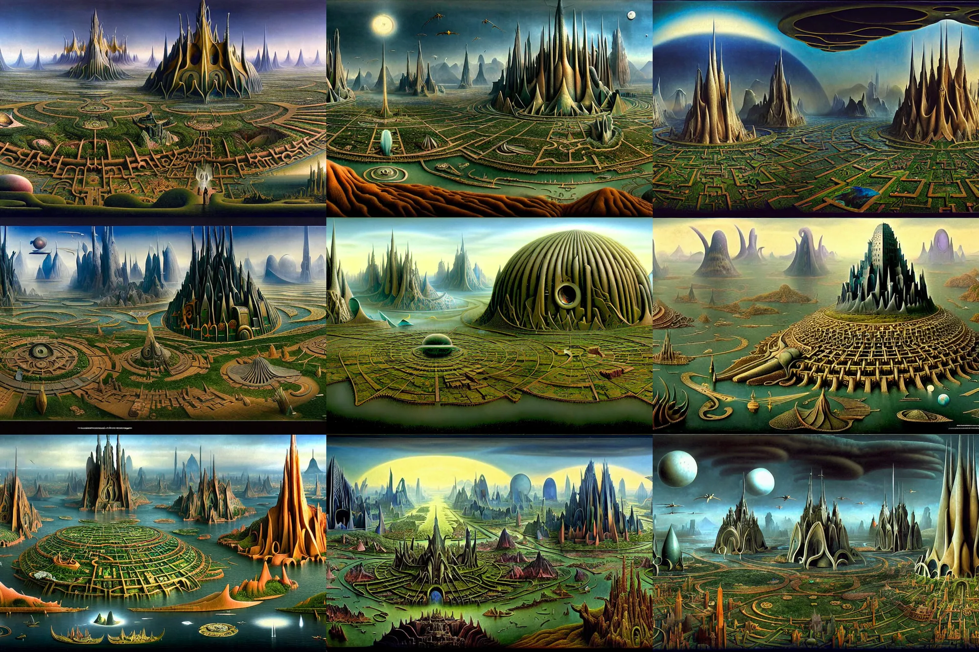 Image similar to a beautiful and insanely detailed matte painting of an advanced sprawling civilization with surreal architecture designed by Heironymous Bosch and Jim Burns, mega structures inspired by Heironymous Bosch's Garden of Earthly Delights, a beautiful and insanely detailed matte painting of an advanced sprawling civilization with surreal architecture designed by Heironymous Bosch and Jim Burns, mega structures inspired by Heironymous Bosch's Garden of Earthly Delights, a beautiful and insanely detailed matte painting of an advanced sprawling civilization with surreal architecture designed by Heironymous Bosch and Jim Burns, mega structures inspired by Heironymous Bosch's Garden of Earthly Delights, vast horizons by Jim Burns and Tyler Edlin, vast horizons by Jim Burns and Tyler Edlin, masterpiece!!, grand!, imaginative!!!, whimsical!!, epic scale, intricate details, sense of awe, elite, complex layered composition!!