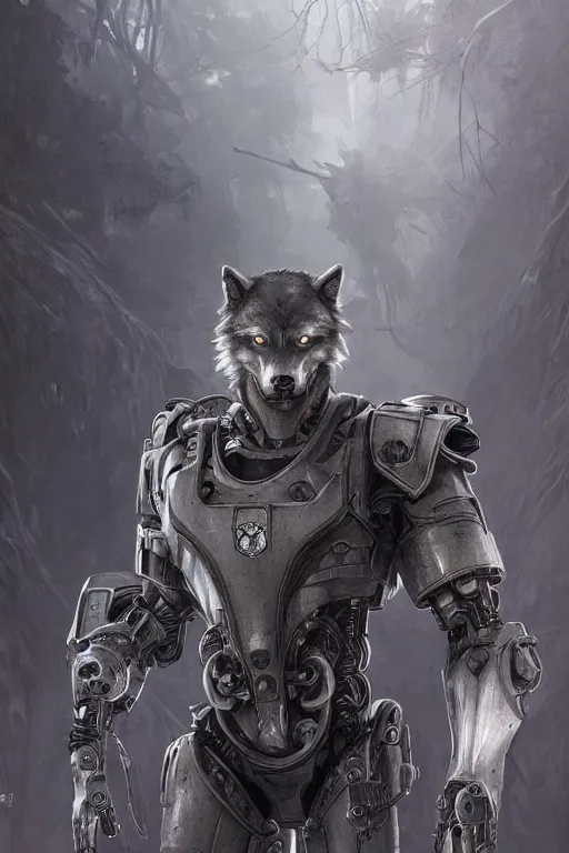 Image similar to portrait painting of a cybernetic grey werewolf with power armor, ultra realistic, concept art, intricate details, eerie, highly detailed, photorealistic, octane render, 8 k, unreal engine. art by artgerm and greg rutkowski and alphonse mucha