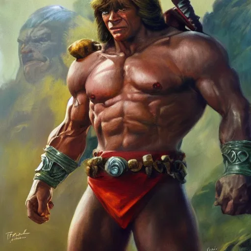 Image similar to ultra realistic portrait painting of he - man, frank frazetta, 4 k, ultra realistic, highly detailed, epic lighting