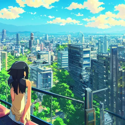 Prompt: Overlooking a modern city, summer sunny day, by Makoto Shinkai, super wide angle, high quality