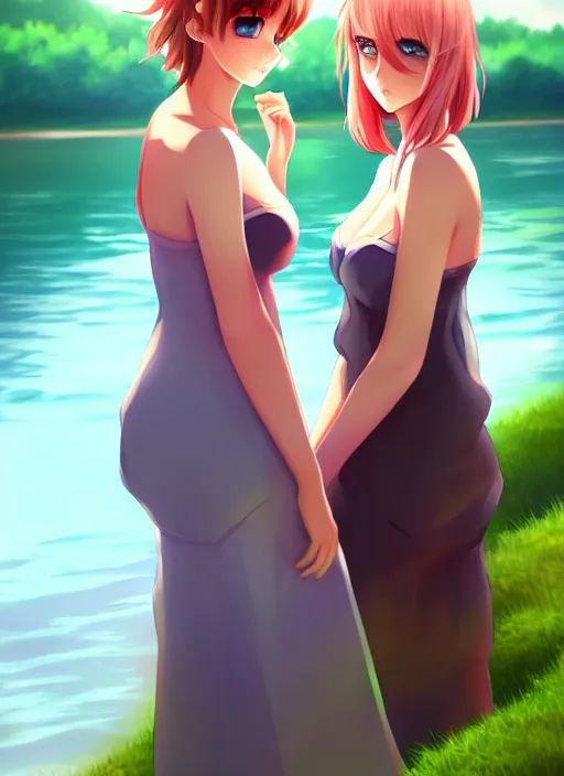 Prompt: two beautiful women out by the lake on a humid summer day, gorgeous faces, thick lines, cinematic lighting, detailed anime art