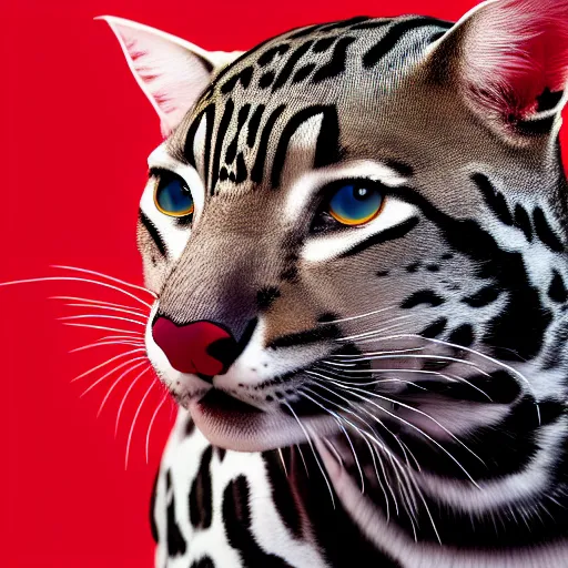 Image similar to profile shot of a black and red ocelot with black background, high contrast, octane render, 4k