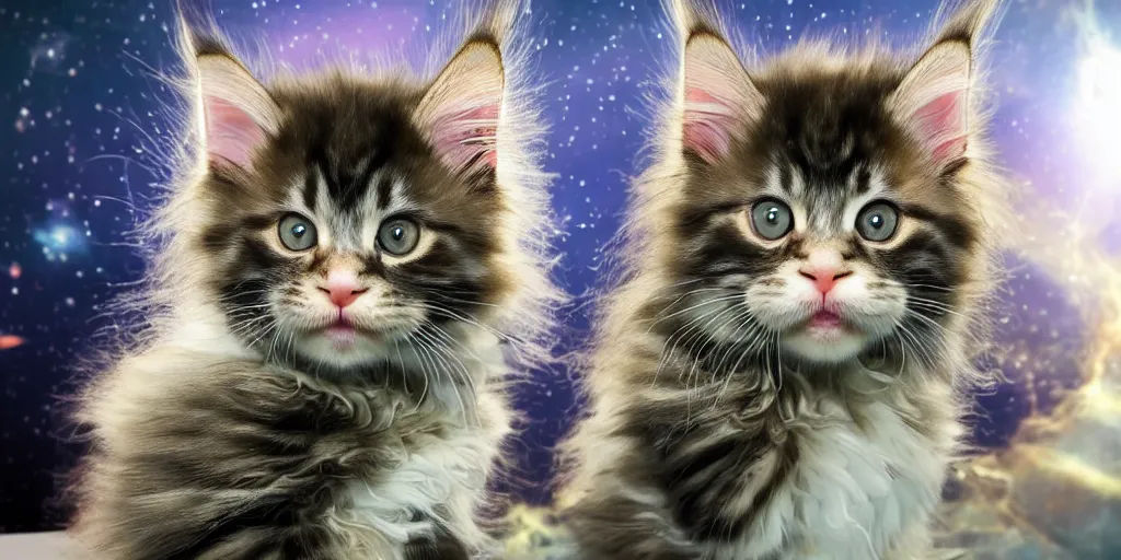 Prompt: a 3 d rendered movie still maine coon kitten descendant 1 million in the future. kitten wears a spacesuit, and explores cosmos in a space ship with a cat tree. science fiction blockbuster movie kittens rule the world or what's on tv? kittens!, dramatic lighting, imax 7 0 mm. buzz lightyear, ue 5, octane render.