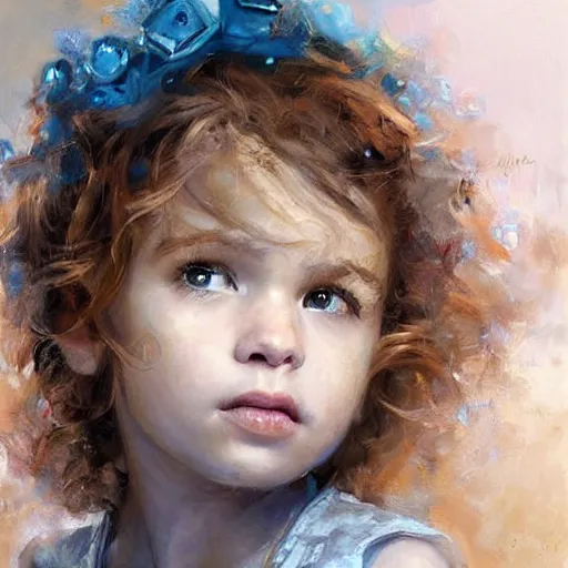 Image similar to a little girl with short curly light brown hair and blue eyes sitting in a nutshell. beautiful painting by raymond swanland and magali villanueve, beautiful detailed face.