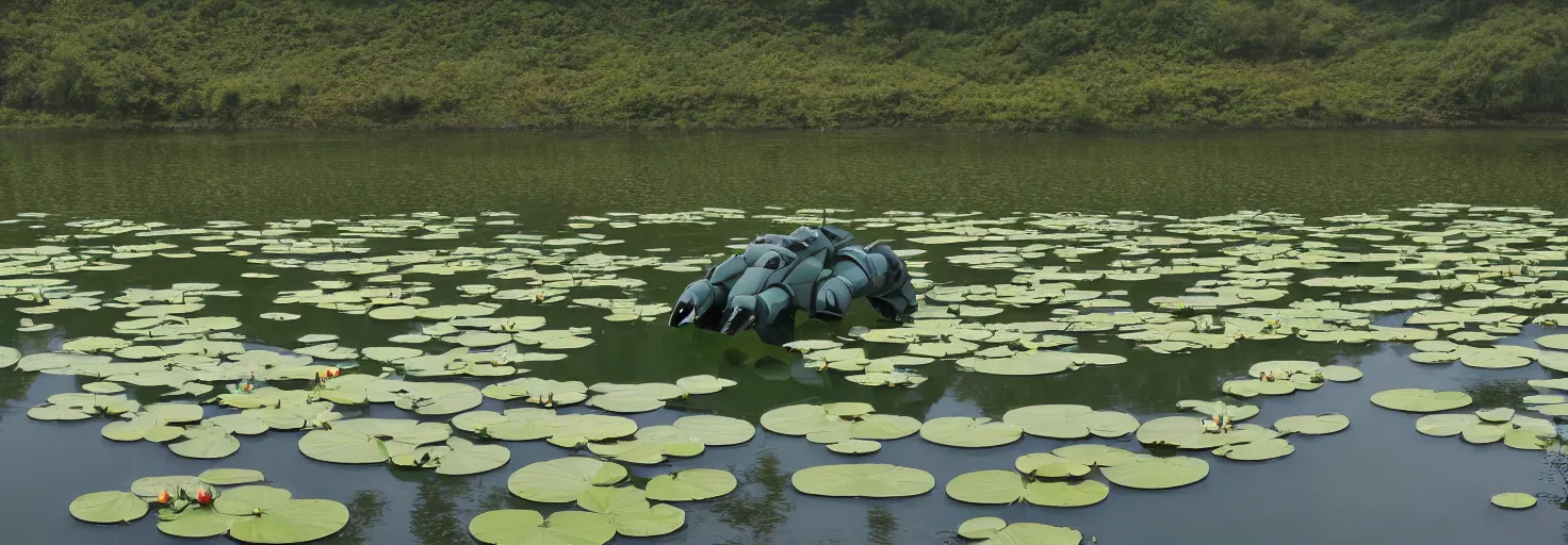 Image similar to A large combat robot lies in the shallow waters of a lake in front of a giant mountain at sun dawn, water lilies float on the surface of the water