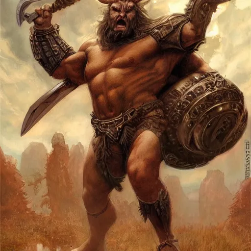 Image similar to huge smug minotaur wielding a greataxe, realistic art by donato giancola and greg rutkowski, digital art, trending on artstation, symmetry!!