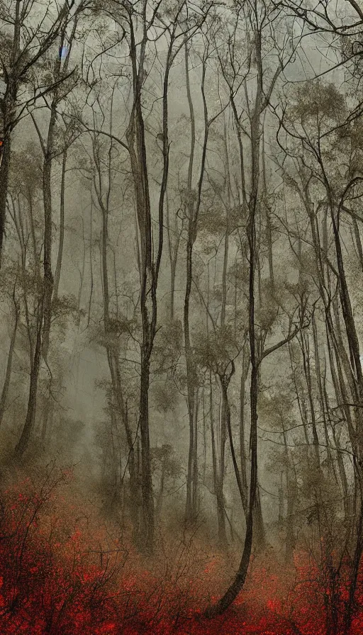 Prompt: a storm vortex made of many demonic eyes and teeth over a forest, by peter holme iii