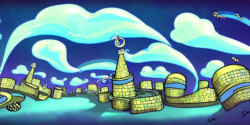 Image similar to night chubby cartoon concept art, spiral clouds, from sam and max