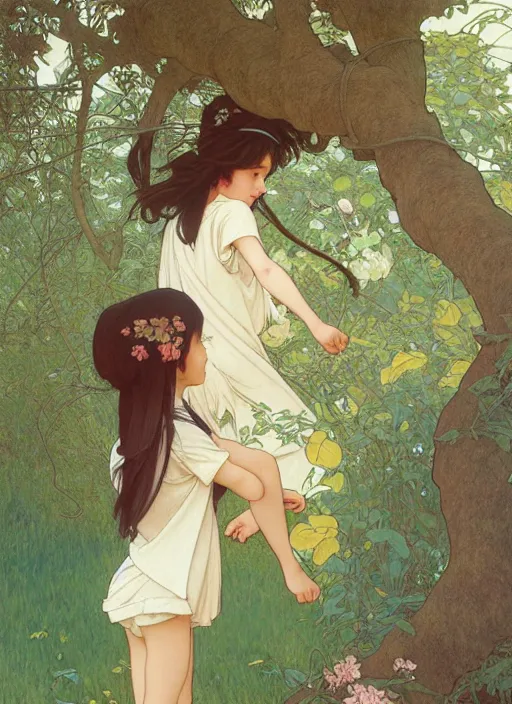 Prompt: young girl with long hair wearing shorts and a t - shirt, climbing a tree, path traced, highly detailed, high quality, digital painting, by studio ghibli and alphonse mucha, leesha hannigan, hidari, art nouveau, chiho aoshima, jules bastien - lepage