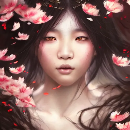 Prompt: very very very beautiful asian girl turning into a ferocious werewolf, large teeth, falling flower petals, epic digital painting, art by wlop and raymond swanland and chie yoshii, extreme detail