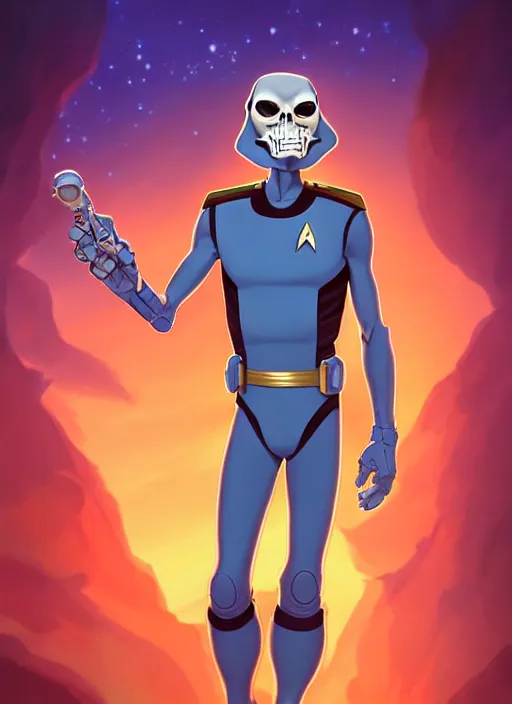 Prompt: cute star trek officer skeletor, natural lighting, path traced, highly detailed, high quality, digital painting, by don bluth and ross tran and studio ghibli and alphonse mucha, artgerm