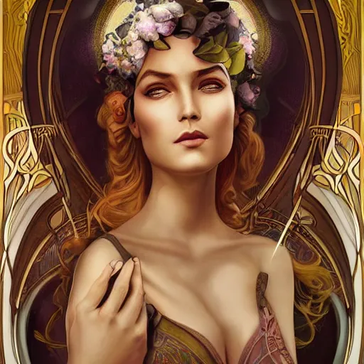 Image similar to an art nouveau, ( art deco ), multi - racial portrait in the style of anna dittmann and charlie bowater and chanthara. very large, clear, expressive, and intelligent eyes. centered, ultrasharp focus, dramatic lighting, photorealistic digital matte painting, intricate symmetrical ultra detailed background.