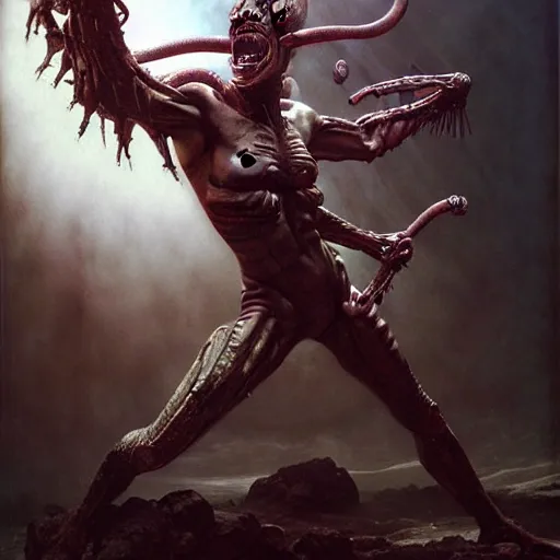 Image similar to still frame from Prometheus movie, WH40k chaos Slaanesh succubus editorial by wayne barlowe by caravaggio painted by Dariusz Zawadzki by giger by beksinski