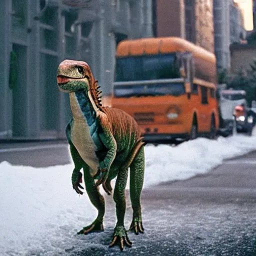 Prompt: a beautiful photo by fred herzog of a jurassic world dinosaur standing in a street of vancouver, tiny gaussian blur, insanely detailed, insanely intricate, insanely beautiful, depth of field, low contrast, snowy, wide aperture