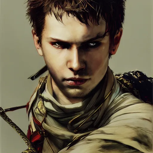 Image similar to portrait of a young white hero holding his sword next to his face covering his eye by yoji shinkawa, high quality, extra details, realism, ornate, colored, golden chain, blood, white skin, short hair, brown eyes, vivid, sunlight, dynamic, american man, freedom, white american soldier, painting